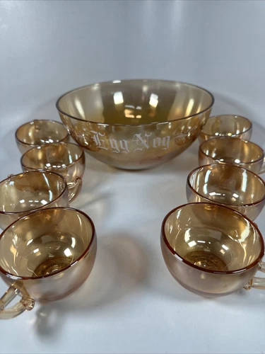 Jeanette Marigold | Orange Luster Egg Nog Punch Bowl & 8 Cups Set