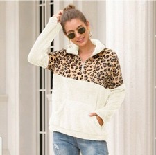 NEW White and Leopard Quarter Zip Fleece. Size L. Fluffy Soft. Kangaroo Pouch.