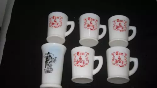 5 Vintage Tom & Jerry Red Lettering  White Milk Glass Mug Cup 1950s  & 1 cup