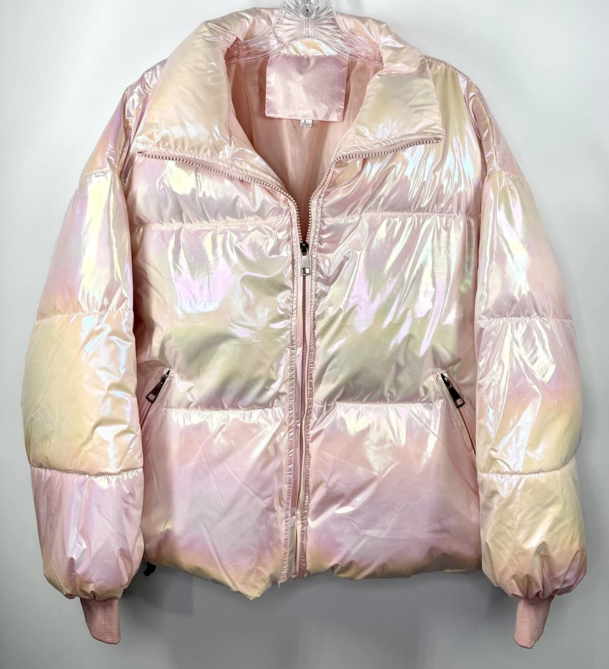 Chaqueta J.ING Rosa Iridiscente Puffer Forrada Edredón Cordón Colorida Para Mujer Talla L Foto 2 de 4