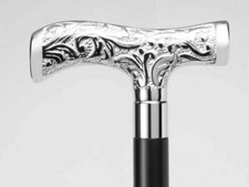 Embossed Chrome Men's Fritz Cane, Black wood Shaft 36" Wooden Walking Stick gift