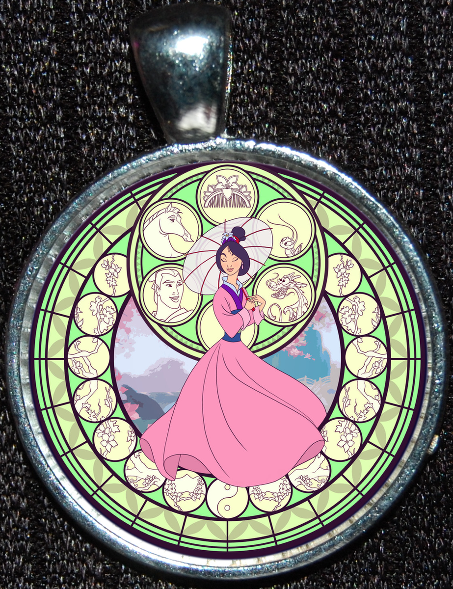 Disney Princess Pink Dress Mulan Stained Glass Silver Jewelry Pendant  Necklace