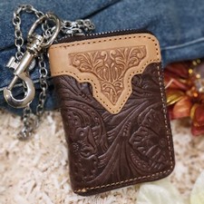Cartera Hip Hop Western con Cadena Cuero Real Portatarjetas de Crédito Floral Tooled