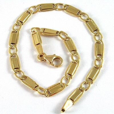 18K YELLOW GOLD BRACELET FLAT ALTERNATE GOURMETTE 4 MM OVAL LINK, MADE IN ITALY