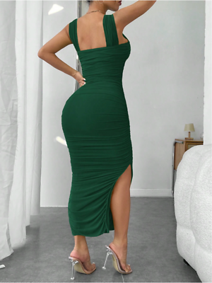 slim fit dress slacks Tie Backless Draped Detail Flounce Sleeve Glitter Mesh Dress, Dark Green / Xs