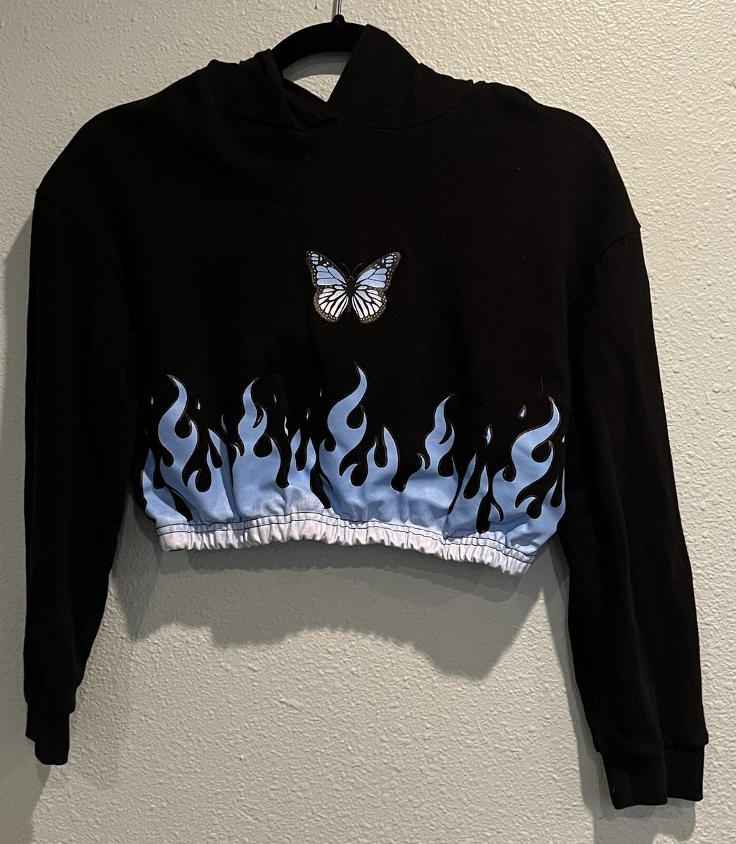 black butterfly with blue flames crop sweatshirt shein girls size