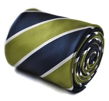 Frederick Thomas Designer Mens Tie - Dark Navy Blue Olive Green - Repp Striped