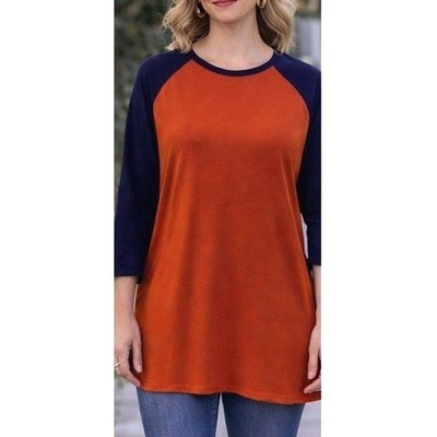 LuLaRoe Randy Baseball Tee Womens Medium Orange Navy Blue Raglan 3/4 Sleeve NWT