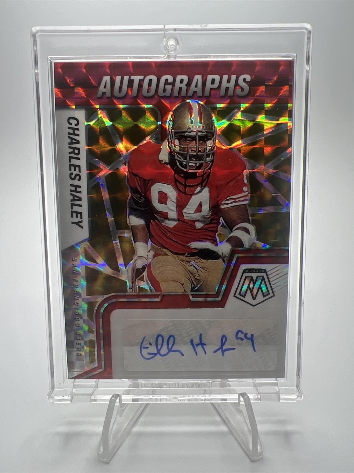 2022 Panini Mosaic Charles Haley Auto Mosaic Choice Fusion Red and Yellow #AM-CH