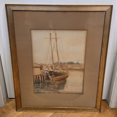 Maritime Watercolor Painting Framed Two-Masted Schooner Harbor Scene Free S&H
