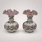 SET OF 2 - Fenton PINK Frill Lip Peach Crest Melon Vases - Charleton Rose - 6”