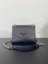 Prada Black Saffiano Leather Envelope Embossed Logo Silver Chain Crossbody Bag