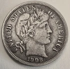 1908 D Barber Dime VF, Only 7.5M Mintage, 0.9 Fine Silver Coin Free Devivery