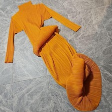 PLEATS PLEASE ISSEY MIYAKE Pleated Long Sleeve Dress Set Up Stretch Japan,ORANGE