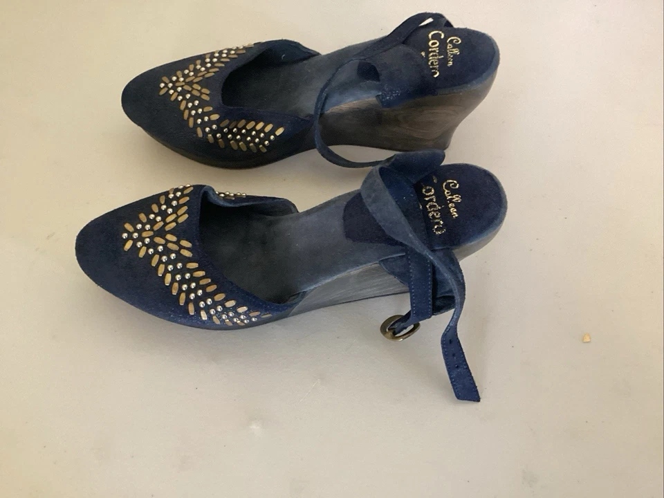 Calleen Cordero Sundance Azul Marino Gamuza Tachonado Punta Cuña Talla 7  Foto 2 de 4