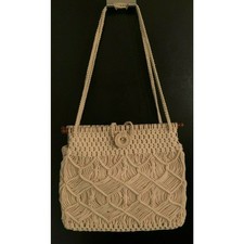 Vintage Boho Hippie Style Purse 1960's-1970's Macrame with Wood Detail