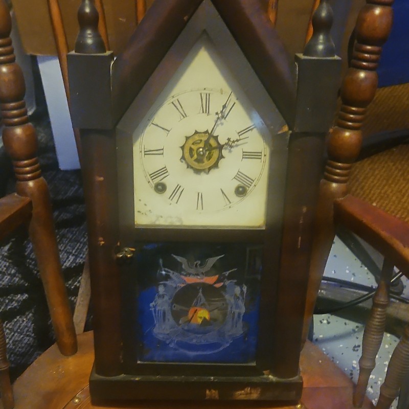 Brown Wood Mantel Clock w/ Glass Door, Roman Numerals, Analog Rectangle