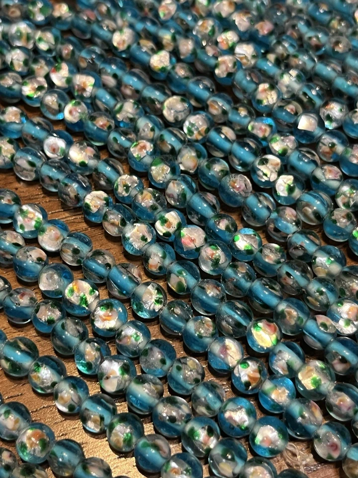 Vintage Lampwork Beads 6in  Strand Turquoise Foil 1940s  Flower Beads 6mm - Image 4 of 4