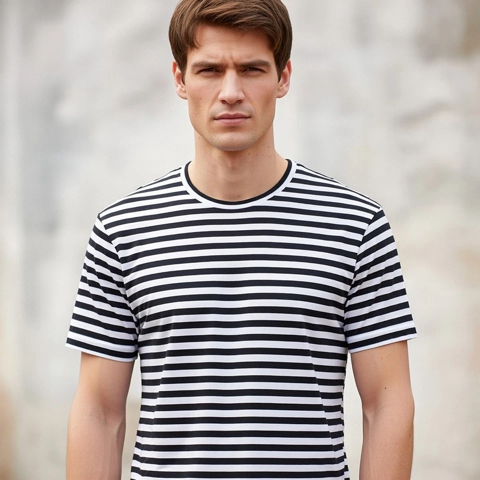 Marine T-Shirt S-6XL Bleu Blanc Rayé Demi Manches Russe Marins Chemise Armée - Photo 3/4