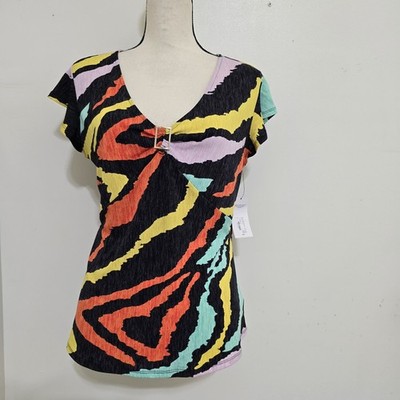 new BOLD ELEMENTS size Large Colorful Zebra Print Short Sleeve V Neck Slinky Top