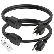 1 Foot Extension Cord Black, 2-Pack Short Power Cord, Indoor/Outdoor 16 Gauge...