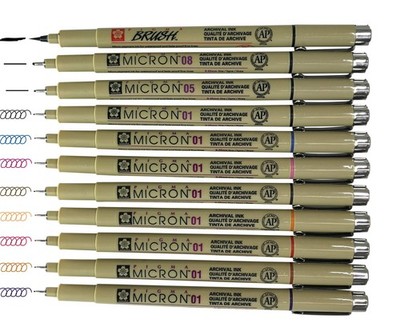 Pigma Micron Artist pens 12 Fineliner Archival Ink Black & Colors, 8 Assorted...