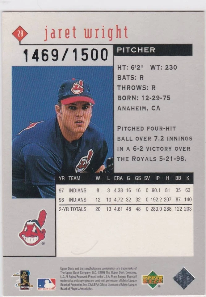 1999 Upper Deck Black Diamond Triple Diamond /1500 Jaret Wright #28 Indians - Image 2 of 2