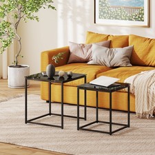 Nest of 2 Side Tables Set of Bedside Tables w/ Tempered Glass Desktop Black