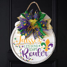 12" Mardi Gras Welcome Sign - Wooden Door Decor with Ribbons and Beads
