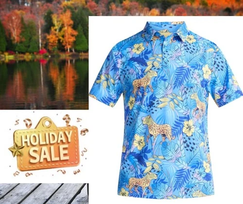 Birdie Bound size 2XL Novelty Print Polo Golf Shirt Men's Jungle Leopard Azure - Picture 1 of 16