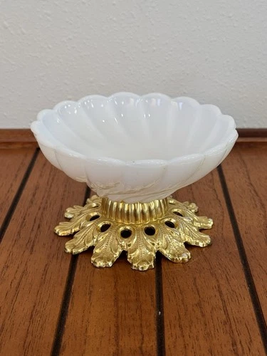 Vintage Milk Glass Pedestal Bowl w/ Ornate Gold-Tone Base – 5”