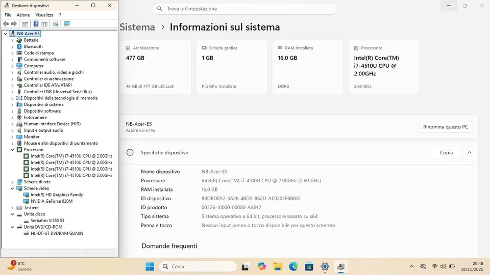 Notebook Acer E5-571G Windows 11 Core i7-4510 RAM 16GB DDR3 SSD 512GB GeForce - Immagine 3 di 4