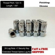 24Pc 12x1.5 Chrome Extended Thread Spline Lug Nuts ET Tapered Conical Seat + Key