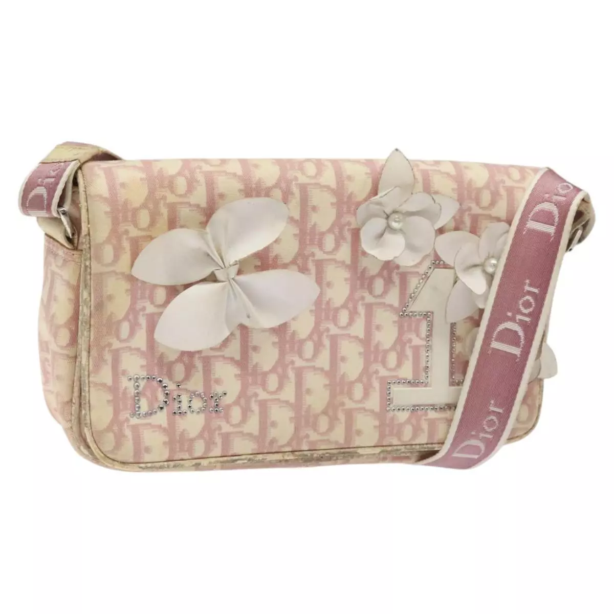 Sac bandoulière Christian Dior trotteur toile rose argenté authentique yb749