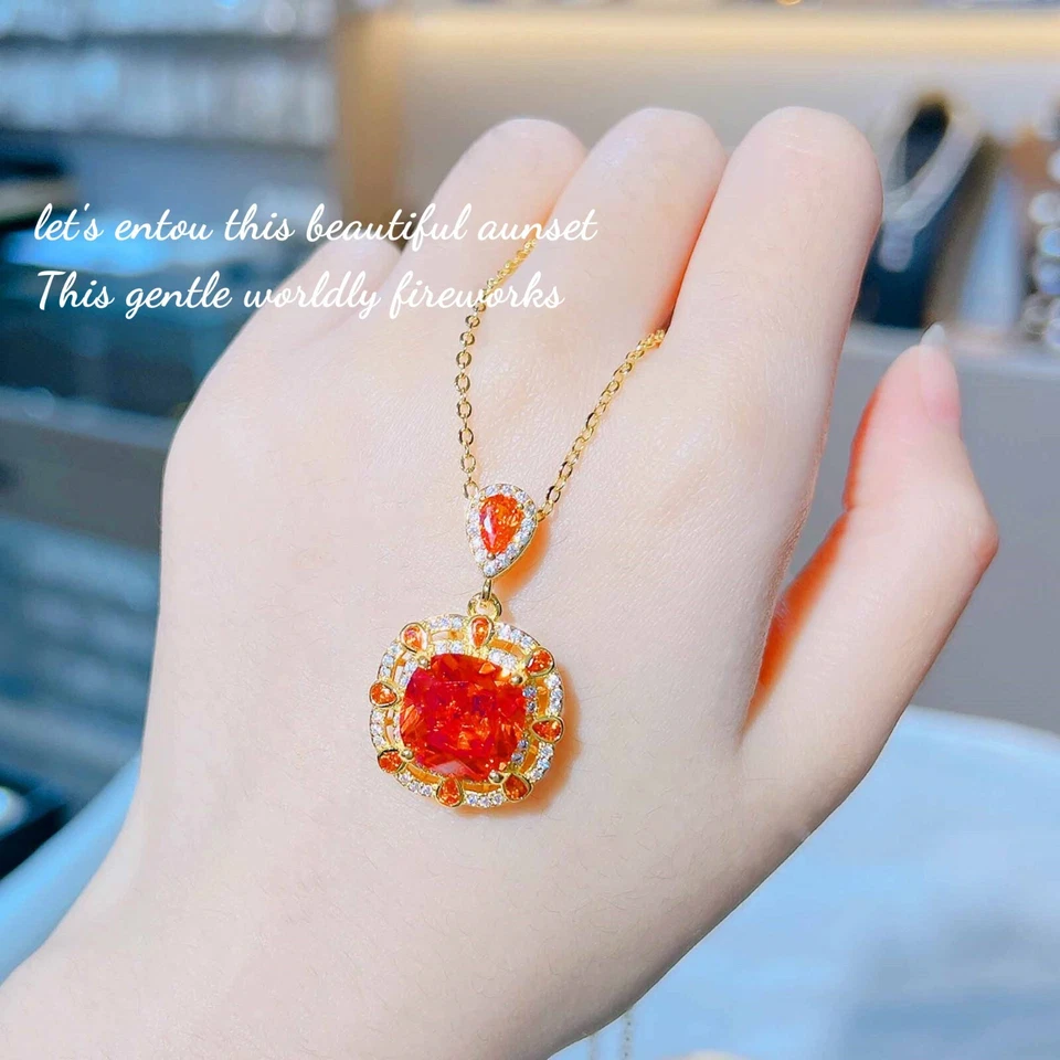 2pc Jewelry Set Fire Red Garnet Gemstone Charm Women Gold Necklace Pendant Ring - Image 3 of 4