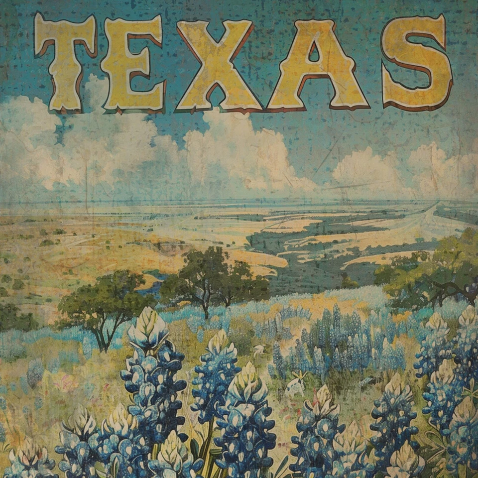 Póster de viaje vintage TEXAS BLUEBONNET, decoración floral botánica del estado Foto 2 de 4