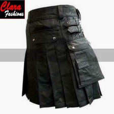 Men Genuine Black LARP Real Leather Gladiator Pleated Utility Kilt LARP