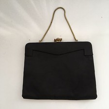Vintage 50s Black Satin Clutch With Chain Brass Flower With Rhinestone Clasp