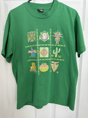 Vintage 90s T-Shirt Green Native American Design Screen Printed Tee Womens Sz L