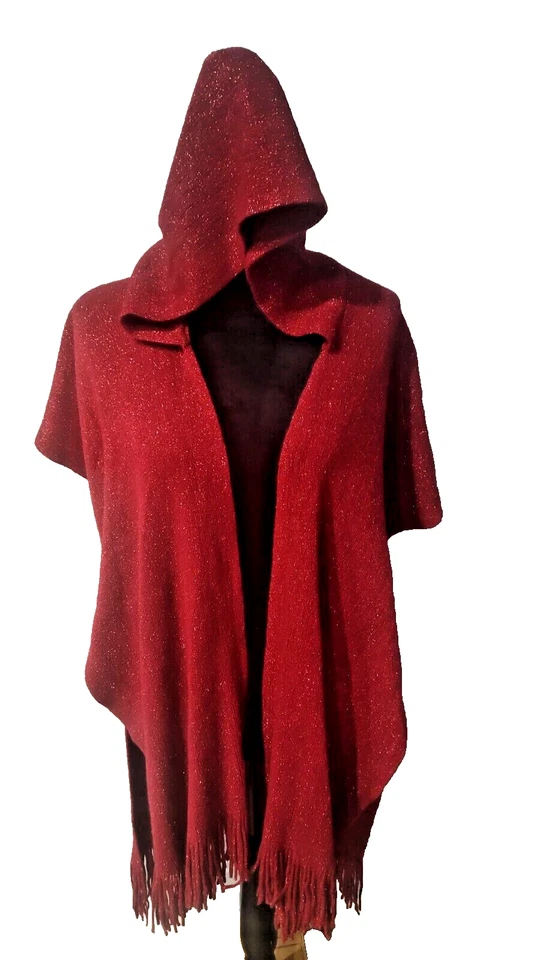 Women's Red Poncho Hooded Knit Shawl whit Ruffle. - Image 2 of 4