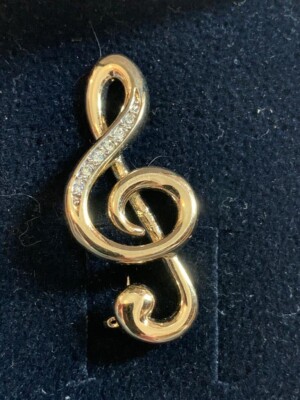 Vintage vergoldete Diamanté Brosche Musik   Violinschlüssel Symbol - wunderschön