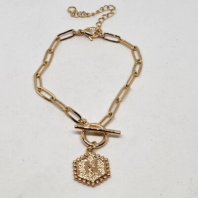 Initial Bracelet N Bar Lock And Hook Clasp Rose Gold Tone Hexagon Charm