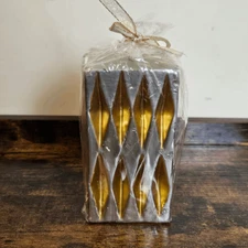 Square Pillar 6"Candle Embossed Luxury Design NWT Gray/Gold One Size