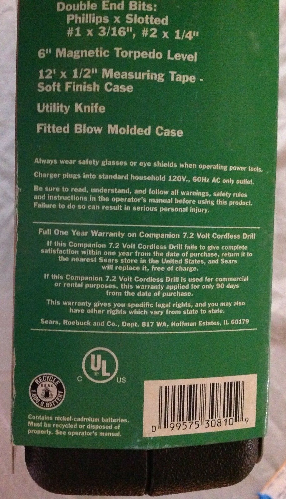 NOS Companion by Sears 9pc. tool set with 7.2V cordless drill & charger #30810
