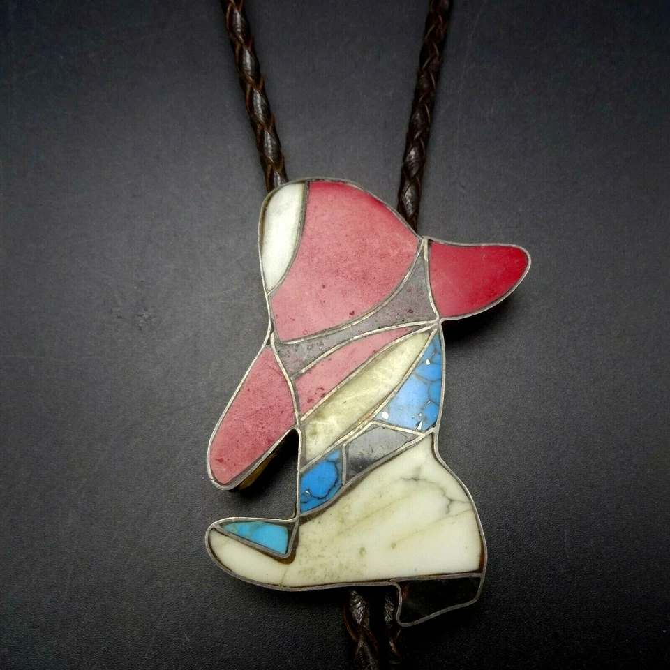 Bota Sombrero Vaquero Vintage SUROESTE Plata Esterlina BOLO CORBATA Piedras con Incrustaciones Foto 3 de 4