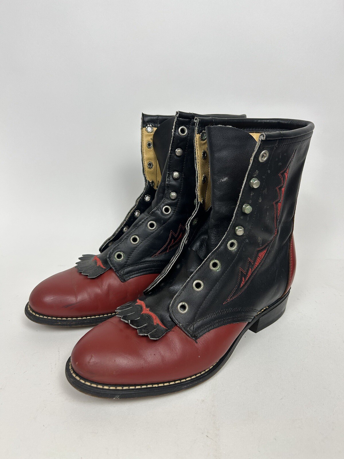 Vintage Laredo Boots Men’s 8.5 M Vamp Kiltie Lace Up Roper Red Black NO LACES