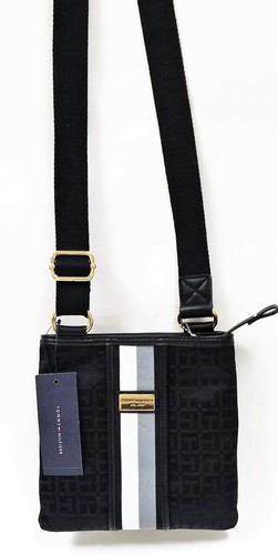 NEW TOMMY HILFIGER BLACK CANVAS+BLACK,WHITE,GRAY STRIPED,GOLD ACCENT CROSSBODY - Picture 2 of 9