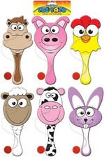 4 x Wooden Farm Animals Paddle Biff Bat Ball Stocking Filler 3 Animal Only
