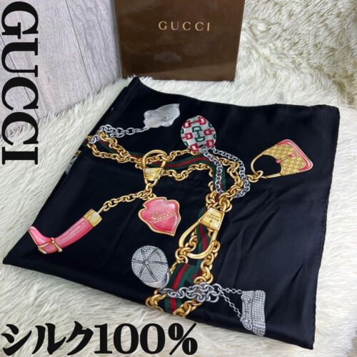 GUCCI Design Scarf 100% Silk RARE Excellent Black… - image 1