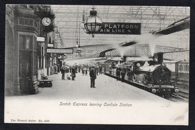 Postcard Carlisle Cumbria railway station Scotch Express steam train early view